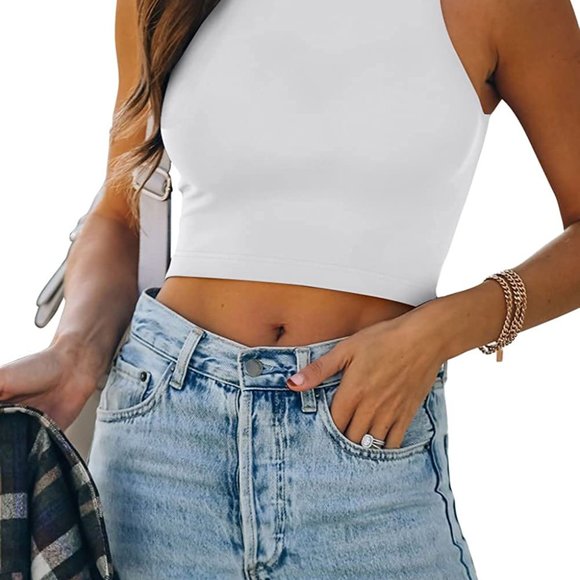 Women’s Sexy Sleeveless Racer Back Tank Tops Halter Neck Crop Tops  20-white - Picture 5 of 7